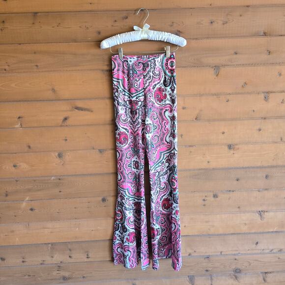 Free People Harper Printed Pull On Pant Hot Pink Combo XS NWOT Flare Leg Boho - Picture 2 of 5